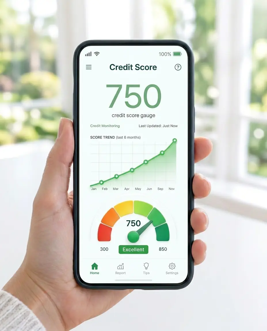 Illustration of a credit score gauge and a rising line graph
